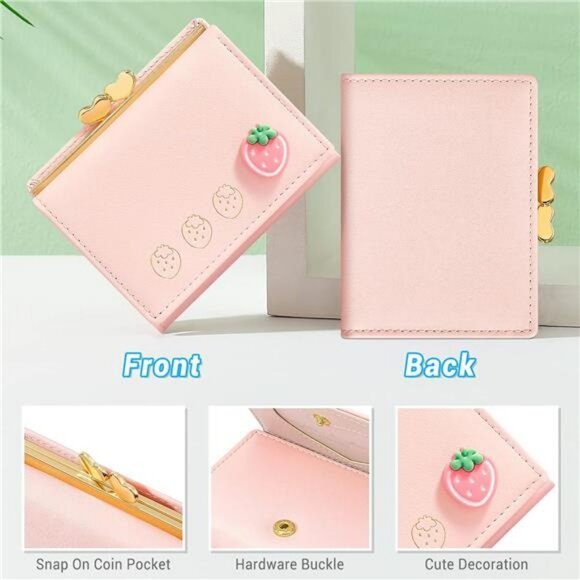 Small leather wallet for women trifold card holder cute pink girls slim purse - Picture 5 of 7